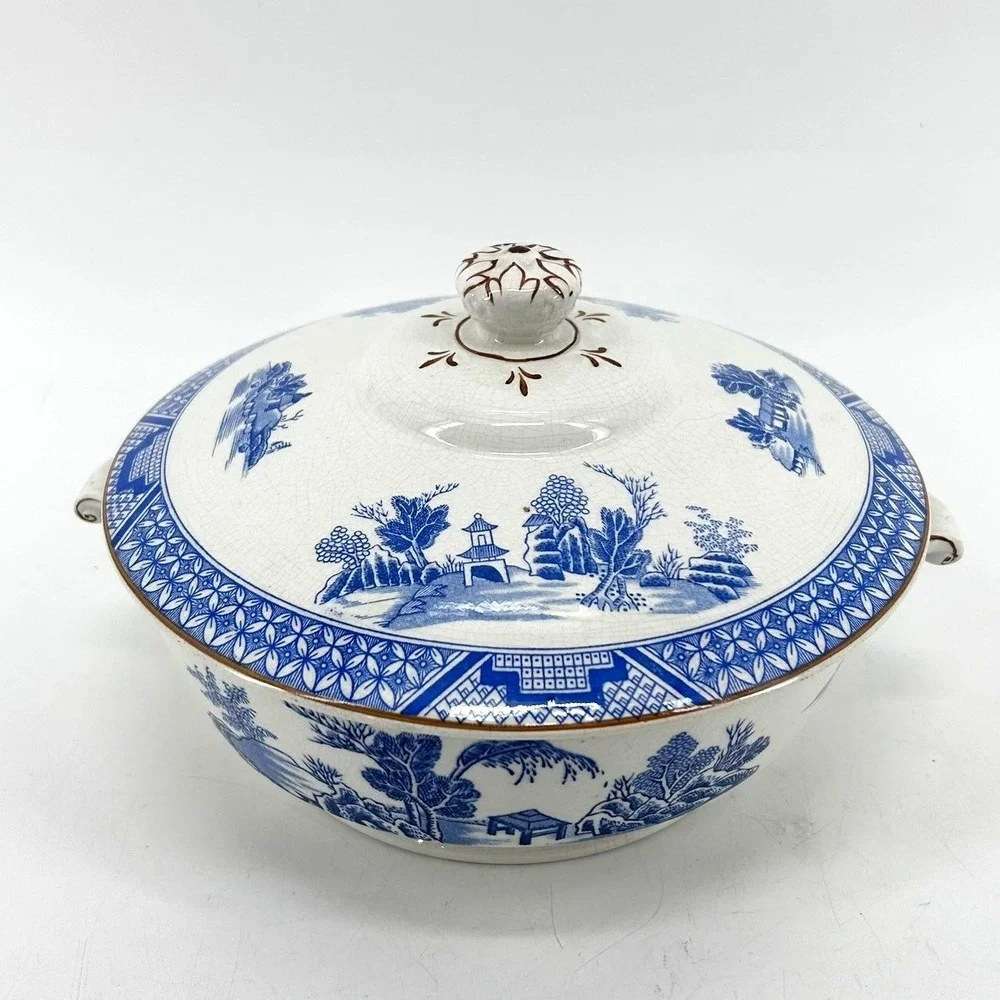 Booths Silicon China Blue Willow Tureen Serving Bowl England Pagoda Pattern